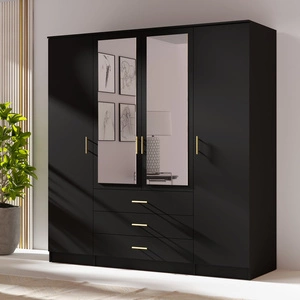 Kleiderschrank Adel 200 cm schwarz elegantes Design geräumiger Kleiderschrank mit Spiegel und Schubladen ideal für Schlafzimmer oder Flur Goldgriffe