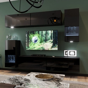 Matala schwarz/schwarz glänzend Modische und stilvolle Schrankwand in geometrischem Design, mit einfachen massiven Formen