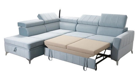 Ecksofa mit Schlaffunktion Rava III hellbeige Linkshändersamt komfortables Ecksofa mit verstellbaren Kopfstützen und Bettzeugbehälter