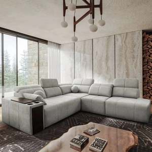 Ecksofa mit Schlaffunktion Tesalia IX graue Esche rechte Ecke modernes Design komfortable Schiebelehne Schublade in der Seite des Möbels