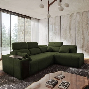 Ecksofa mit Schlaffunktion Tesalia VII grün rechte Seite modernes Design komfortable Schiebelehne Schublade in der Seite des Möbels