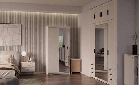 Kleiderschrank mit Spiegel Rene 90 cm beige sand klassisches Design schlichte Form idealer Kleiderschrank für Schlafzimmer oder Flur ABS bearbeitete Kanten