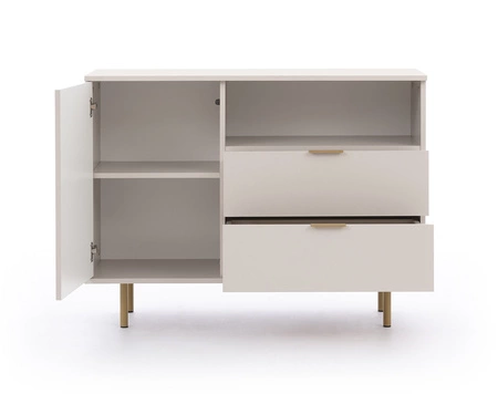 Kommode Sula 107 cm beige elegante und funktionelle Kommode mit dekorativer geriffelter Front, die mit Metallgriffen verziert ist