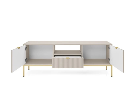 Möbelset Lovro beige modernes Design Wohnwand angereichert mit goldenem Metall Zubehör Wohnzimmermöbel