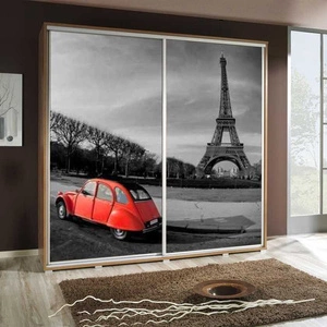 Artistino 205 cm Schiebeschrank mit Pariser Grafik Schrankkorpus aus Eiche Catania mit 22 mm Stärke