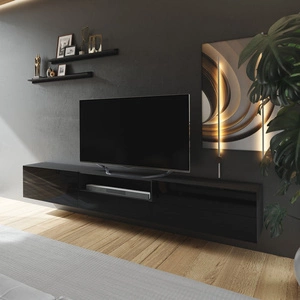 RTV-Hängeschrank Lutra 258 cm schwarz / schwarz glänzend mit Einlegeböden stilvoller Design-TV-Schrank mit Hochglanzfronten