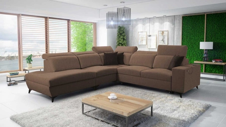 Ecksofa mit Schlaffunktion Kelly Sleek IX hellbraun linke Seite stilvolles Ecksofa mit bequemen Armlehnen und verstellbaren Kopfstützen