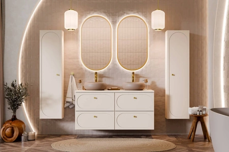 Badmöbel-Set Donna Sand beige elegante Badezimmerschränke mit dekorativen abgerundeten Fräsungen an den Fronten Goldgriffe