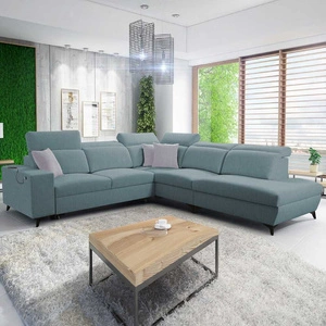 Ecksofa mit Schlaffunktion Kelly Sleek IX arctic blue rechtes bequemen Armlehnen und verstellbaren Kopfstützen