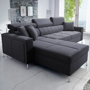 Nausa Ecksofa mit Schlaffunktion graphit links Samt stilvolles bequemes Ecksofa verstellbare Kopfstützen Bettzeug Container