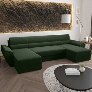Ecksofa mit Schlaffunktion Fogu U II grün bequemes Ecksofa mit bequemen Armlehnen interessanter Designcontainer für Bettwäsche