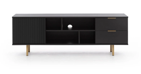 RTV Schrank Sula 150 cm schwarz elegantes Design dekorative geriffelte Front mit Push-to-Open-System Metall hohe Beine