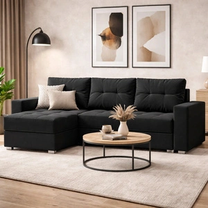 Ecksofa mit Schlaffunktion Pablos schwarz Universal-Ecksofa mit Bettzeugstauraum Ziersteppung auf der Sitzfläche