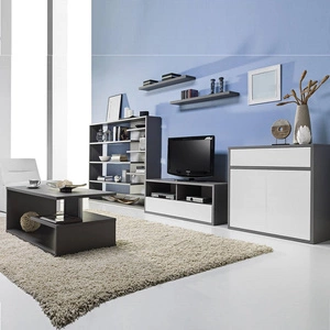 Yugo-Wohnzimmermöbel in Esche grau/weiß glänzend Asymmetrische Elemente für moderne und funktionale Arrangements