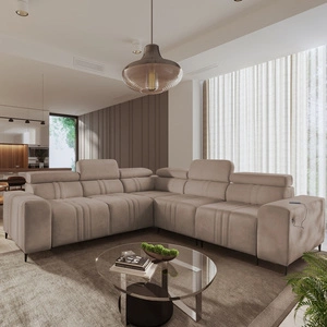 Ecksofa mit Schlaffunktion Castel III hellbraun rechts Ecksofa mit zwei Bettkästen verstellbare Kopfstützen
