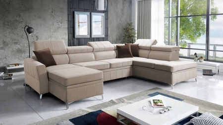 Ecksofa mit Schlaffunktion Rava VI hellbeige links praktisches und modernes Ecksofa mit einer Multifunktionslampe ausgestattet