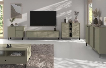 Schubladenkommode Kioto II 84 cm Eukalyptus modernes Design dezente schwarze Griffe Metallbasis ideale Kommode für Wohnzimmer