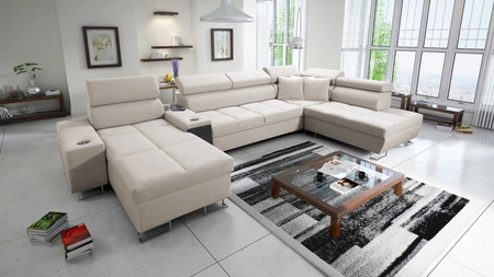 Ecksofa mit Schlaffunktion Dafni V hellbeige Linkshänder-Ecksofa aus Samt mit verstellbaren Kopfstützen