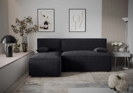 Ecksofa mit Schlaffunktion Brandon schwarz linke Seite weicher Stoff mit charakteristischer Schlingenoberfläche Bettzeugbehälter