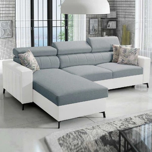 Ecksofa mit Schlaffunktion Savona arktisblau/weiß links elegantes Ecksofa verstellbare Kopfstützen Ziernähte