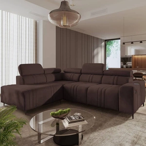 Ecksofa mit Schlaffunktion Castel VII braun linksseitig stilvolles Ecksofa mit Bettzeugablage und verstellbaren Kopfstützen