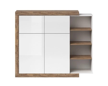 Hochkommode Sintra 151 cm Eiche samdal / weiß glänzend originelles Design Kommode für Wohnzimmer mit interessanter Form push to open system