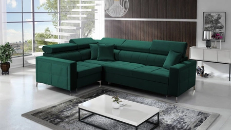 Nausa II Ecksofa mit Schlaffunktion Flasche grün links Samt Ziernähte auf der Sitzfläche Ecksofa mit einem Bettkasten