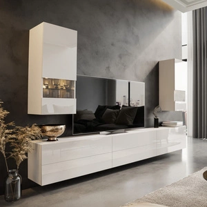 Schrankwand Pirgos weiß / weiß glänzend minimalistisches Design Schrankwand für Wohnzimmer oder Sitzungssaal push to open system