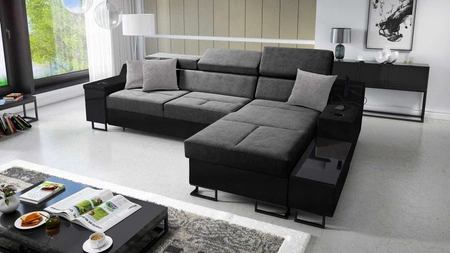 Ecksofa mit Schlaffunktion Alcamo grau/schwarz rechte Ecke elegantes und stilvolles Ecksofa mit einer ausziehbaren praktischen Schublade an der Seite des Möbels