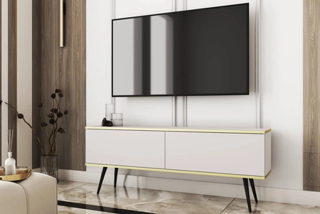 TV-Schrank Luxury 135 cm weiß eleganter Design-Korpus mit goldener Zierleiste Schrank auf schwarzen Metallbeinen