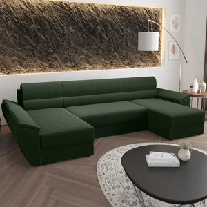 Ecksofa mit Schlaffunktion Fogu U III grün stilvolles Ecksofa mit Armlehnen und Bettzeugablage Kordelstoff