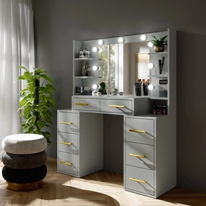 Schminktisch Adel 110 cm grau mit LED-Beleuchtung Schminktisch mit Spiegel im Glamour-Stil geräumige Schubladen Metallgriffe