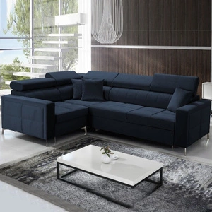 Nausa II Ecksofa mit Schlaffunktion marineblau links Samt Ziernähte auf der Sitzfläche Ecksofa mit Bettzeugbehälter