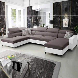 Ecksofa mit Schlaffunktion Savona VI braun / weiß rechts elegantes und bequemes Ecksofa für das Wohnzimmer zwei Container für Bettzeug
