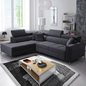 Ecksofa mit Schlaffunktion Nausa III graphit links Samt stilvolles bequemes Ecksofa verstellbare Kopfstützen Bettzeugcontainer