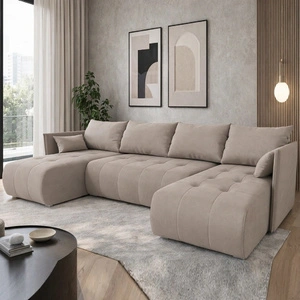 Ecksofa mit Schlaffunktion Selva U hellbeige Ein interessantes Ecksofa aus Stoff mit Plüschoberfläche