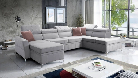 Ecksofa mit Schlaffunktion Rava VI grau Esche links praktisches und modernes Ecksofa mit Multifunktionslampe