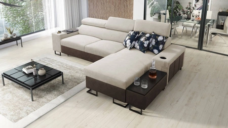 Ecksofa mit Schlaffunktion Flavio hellbeige / braun rechts elegantes Ecksofa mit einer seitlich öffnenden Verlängerungsstange