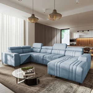 Ecksofa mit Schlaffunktion Castel IV blau rechte Seite stilvolles Ecksofa mit Bettzeugcontainer und verstellbaren Kopfstützen