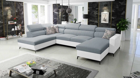Ecksofa mit Schlaffunktion Savona VI arktisch blau / weiß rechts komfortables Ecksofa für das Wohnzimmer mit zwei Bettkästen 