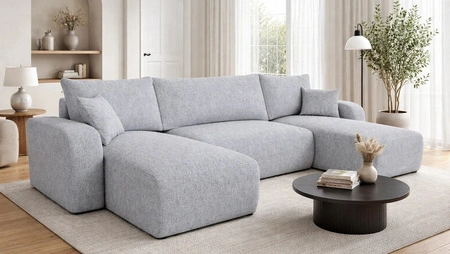 Ecksofa mit Schlaffunktion Fiesta U grau Esche stilvolles Ecksofa mit interessanter Form strapazierfähiger Webstoff Bettzeugcontainer