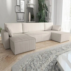 Ecksofa mit Schlaffunktion Rebenes U beige Universal-Ecksofa dreidimensionaler Stoff mit ausdrucksstarken Streifen Bettzeug-Container