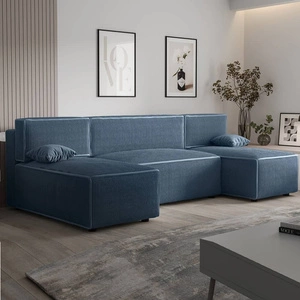 Ecksofa mit Schlaffunktion Brandon U blauer Bettzeugcontainer dreidimensionaler Stoff mit ausdrucksvollen Streifen