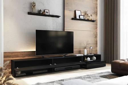 Lawrio 266 cm schwarz / schwarz glänzend RTV-Schrank mit Aufhängung und Einlegeböden stilvolles Design, das zu jeder Einrichtung passt