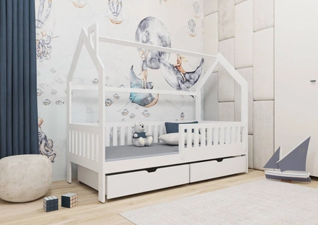 Holzbett Timon 90x180 cm weiß modernes Design Kinderhausbett aus massivem Kiefernholz geräumige Schubladen
