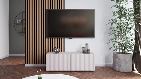 RTV Schrank Colder 100 cm beige mit der Möglichkeit der Aussetzung stilvolle geriffelte Front elegante Form der Möbel in einem modernen Stil
