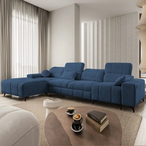 Ecksofa mit Schlaffunktion Penejos XII blau linke Seite stilvolles Ecksofa mit Bettzeugcontainern komfortable verstellbare Kopfstützen