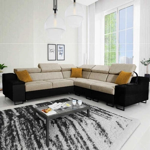 Ecksofa mit Schlaffunktion Alcamo III beige/schwarz rechts Funktions-Ecksofa mit Schublade in der Seite zwei Behälter für Bettzeug