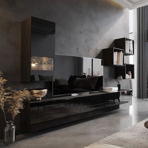 Hängeschrank Peritia schwarz / schwarz glänzend minimalistisches Design für Wohnzimmer oder Sitzungssaal push to open system