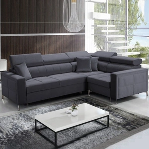 Nausa II Ecksofa mit Schlaffunktion aus graphitfarbenem Samt rechtes Ecksofa mit Ziernähten auf der Sitzfläche Ecksofa mit Koffer für Bettzeug